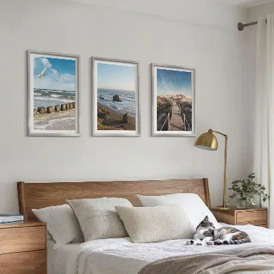 3er-Set Wandbilder mit Rahmen Strandwellen, Himmelsbrücke und Spaziergang