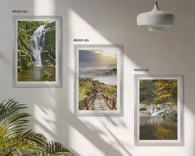 Gerahmtes Bilderset mit Motiven von Wasserfällen, Bergen, Wolken und im Herbst