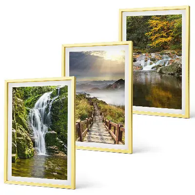 Gerahmtes Bilderset mit Motiven von Wasserfällen, Bergen, Wolken und im Herbst