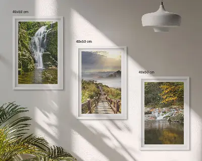Gerahmtes Bilderset mit Motiven von Wasserfällen, Bergen, Wolken und im Herbst