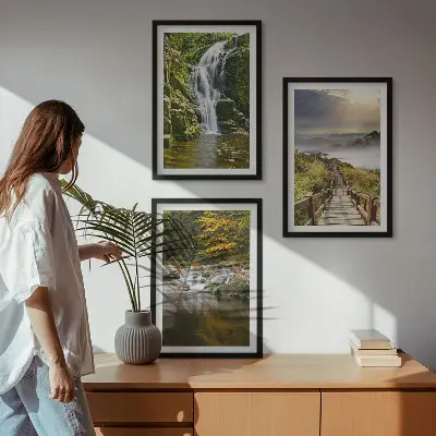 Gerahmtes Bilderset mit Motiven von Wasserfällen, Bergen, Wolken und im Herbst
