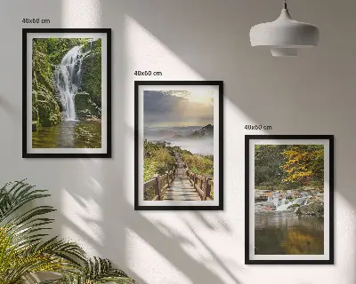 Gerahmtes Bilderset mit Motiven von Wasserfällen, Bergen, Wolken und im Herbst