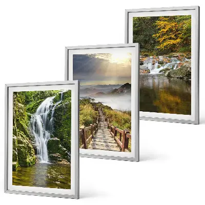 Gerahmtes Bilderset mit Motiven von Wasserfällen, Bergen, Wolken und im Herbst