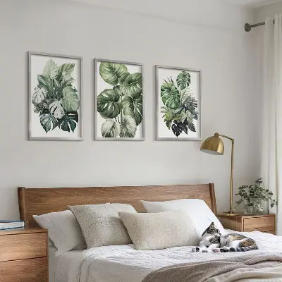 Aquarellbild mit grünen tropischen Blättern 3er-Set inklusive Rahmen