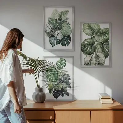 Aquarellbild mit grünen tropischen Blättern 3er-Set inklusive Rahmen