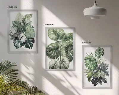 Aquarellbild mit grünen tropischen Blättern 3er-Set inklusive Rahmen