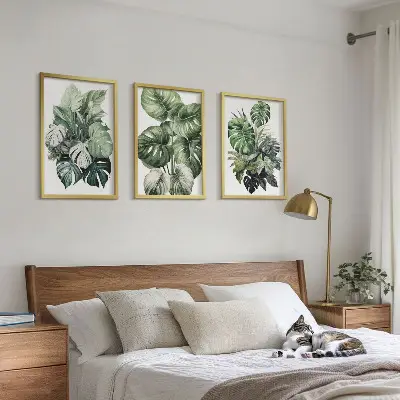 Aquarellbild mit grünen tropischen Blättern 3er-Set inklusive Rahmen