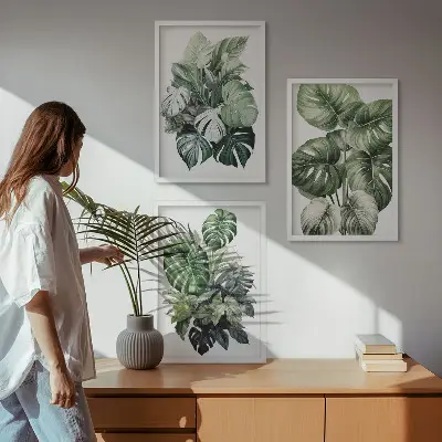 Aquarellbild mit grünen tropischen Blättern 3er-Set inklusive Rahmen