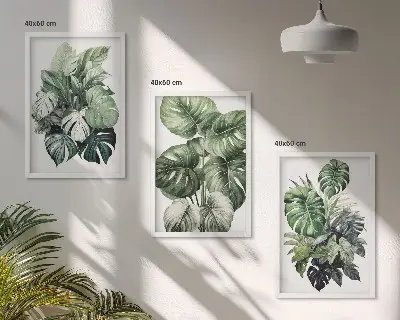 Aquarellbild mit grünen tropischen Blättern 3er-Set inklusive Rahmen