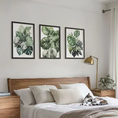 Aquarellbild mit grünen tropischen Blättern 3er-Set inklusive Rahmen