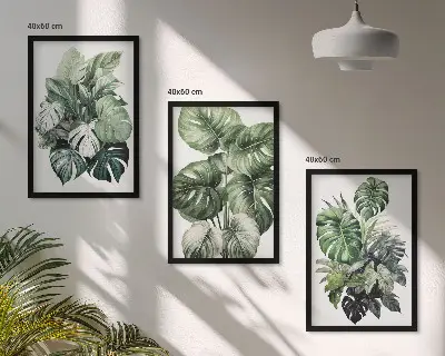 Aquarellbild mit grünen tropischen Blättern 3er-Set inklusive Rahmen