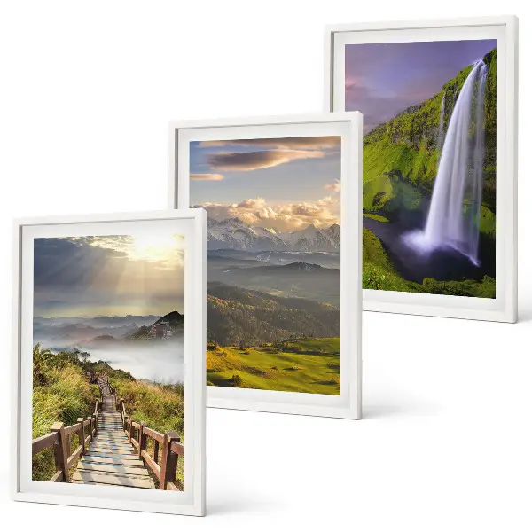 Gerahmtes Bilder-Set mit Berglandschaften und Wasserfall