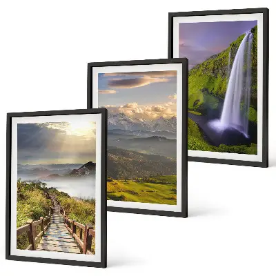 Gerahmtes Bilder-Set mit Berglandschaften und Wasserfall