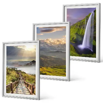Gerahmtes Bilder-Set mit Berglandschaften und Wasserfall