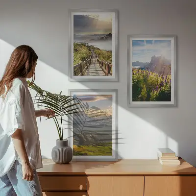 Berglandschaft mit Blumen 3er-Set Bilder mit Rahmen