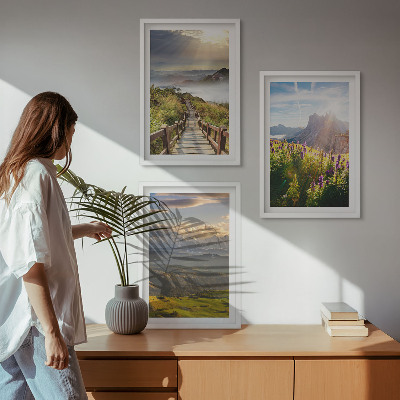 Bilder-3er-set mit rahmen Berglandschaft mit Blumen