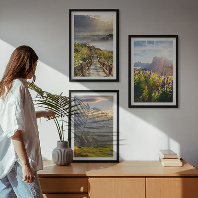 Bilder-3er-set mit rahmen Berglandschaft mit Blumen