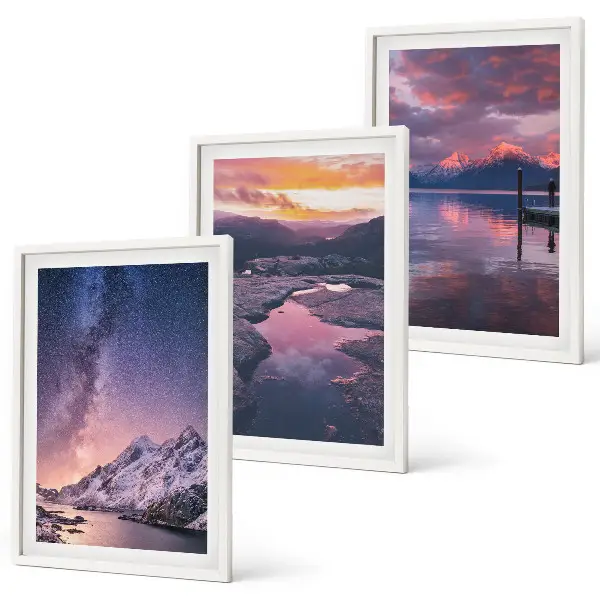 3er-Set Wandbilder mit Rahmen mit Motiven von Bergen, Wasser und wunderschönen Landschaften