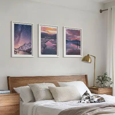 3er-Set Wandbilder mit Rahmen mit Motiven von Bergen, Wasser und wunderschönen Landschaften