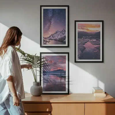 3er-Set Wandbilder mit Rahmen mit Motiven von Bergen, Wasser und wunderschönen Landschaften