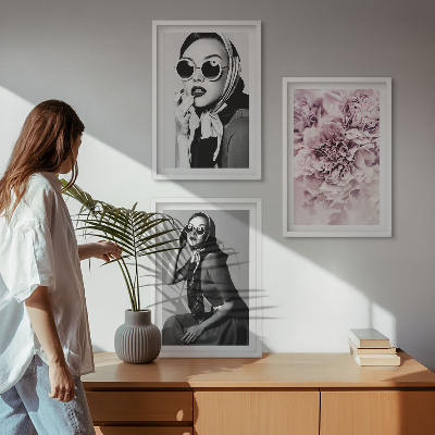 Bilder-3er-set mit rahmen Stilvolle Porträts von Frauen mit Blumen