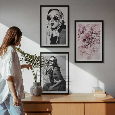 Bilder-3er-set mit rahmen Stilvolle Porträts von Frauen mit Blumen