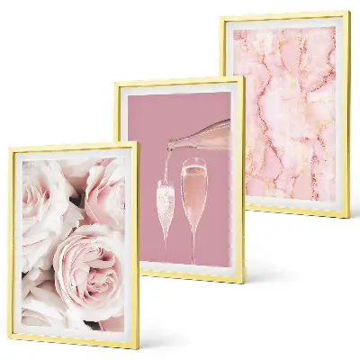 Gerahmtes Bilderset mit champagnerfarbenen Rosen auf Marmorhintergrund