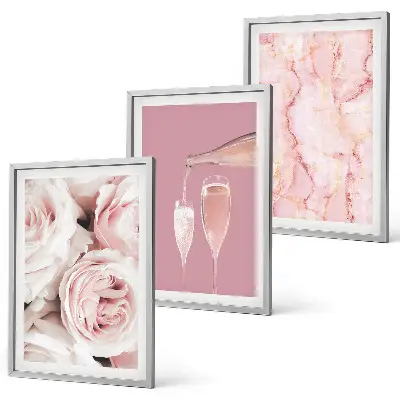 Gerahmtes Bilderset mit champagnerfarbenen Rosen auf Marmorhintergrund