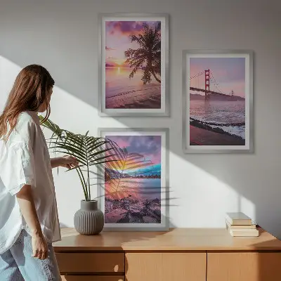 Bilder-3er-Set mit Rahmen Sonnenuntergangsbrücke Landschaftsmotiv