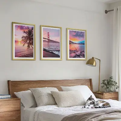 Bilder-3er-Set mit Rahmen Sonnenuntergangsbrücke Landschaftsmotiv