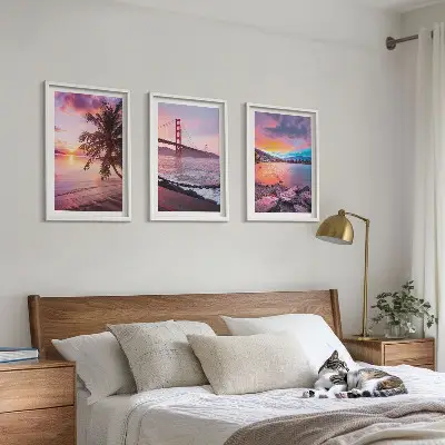 Bilder-3er-Set mit Rahmen Sonnenuntergangsbrücke Landschaftsmotiv