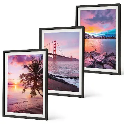 Bilder-3er-Set mit Rahmen Sonnenuntergangsbrücke Landschaftsmotiv