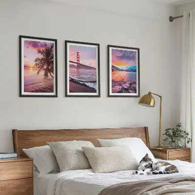 Bilder-3er-Set mit Rahmen Sonnenuntergangsbrücke Landschaftsmotiv