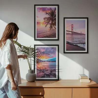 Bilder-3er-Set mit Rahmen Sonnenuntergangsbrücke Landschaftsmotiv