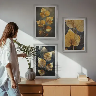 Gelbe Blätter auf dunklem Hintergrund 3er-Set Bilder mit Rahmen