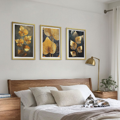 Bilder-3er-set mit rahmen Gelbe Blätter auf dunklem Hintergrund