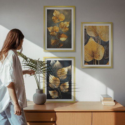 Bilder-3er-set mit rahmen Gelbe Blätter auf dunklem Hintergrund
