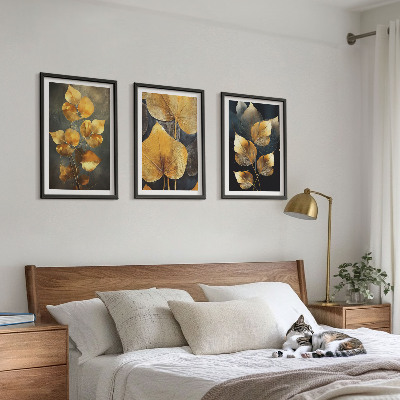 Bilder-3er-set mit rahmen Gelbe Blätter auf dunklem Hintergrund