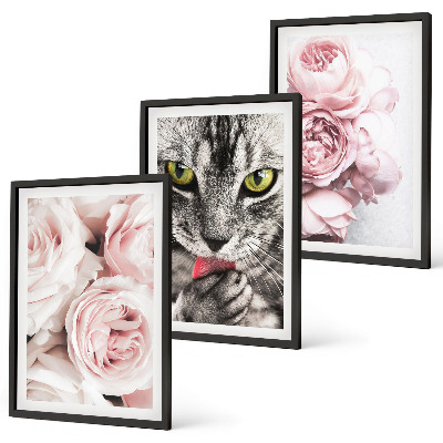 Gerahmtes bilderset Katze in rosa Blumen