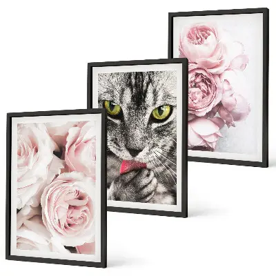 Gerahmtes Bilderset mit Motiv Katze in rosa Blumen