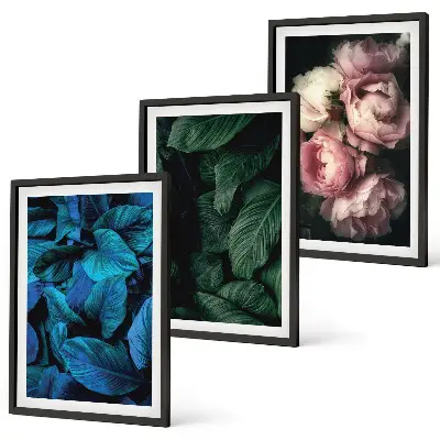 Gerahmtes Bilderset mit Motiven von Blättern und Blüten in verschiedenen Farben