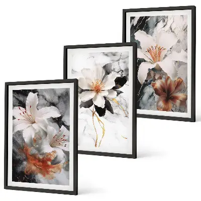 Gerahmtes Bilderset mit Blumen Motiv in Schwarz und Weiß sowie Marmoroptik