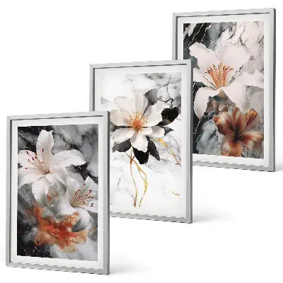 Gerahmtes Bilderset mit Blumen Motiv in Schwarz und Weiß sowie Marmoroptik