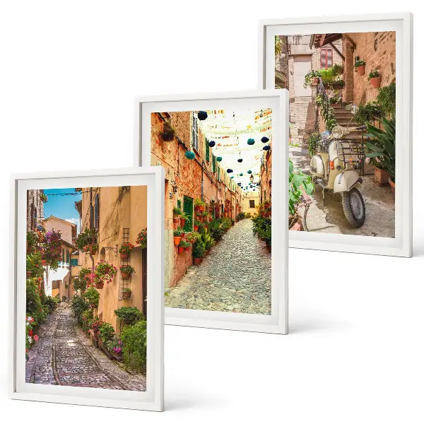 3er-Set Bilder mit Rahmen mit Straßen- Blumen- und italienischem Flair-Motiv