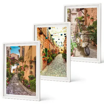 3er-Set Bilder mit Rahmen mit Straßen- Blumen- und italienischem Flair-Motiv