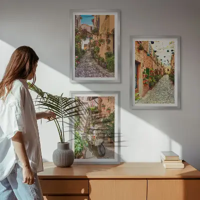 3er-Set Bilder mit Rahmen mit Straßen- Blumen- und italienischem Flair-Motiv