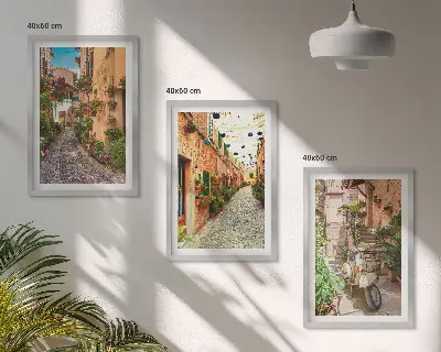 3er-Set Bilder mit Rahmen mit Straßen- Blumen- und italienischem Flair-Motiv