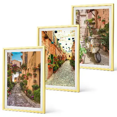 3er-Set Bilder mit Rahmen mit Straßen- Blumen- und italienischem Flair-Motiv