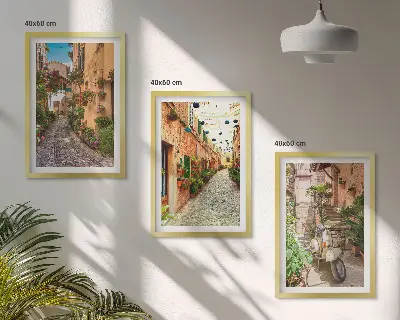 3er-Set Bilder mit Rahmen mit Straßen- Blumen- und italienischem Flair-Motiv