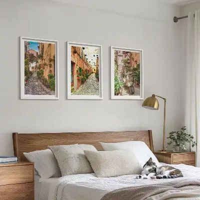 3er-Set Bilder mit Rahmen mit Straßen- Blumen- und italienischem Flair-Motiv